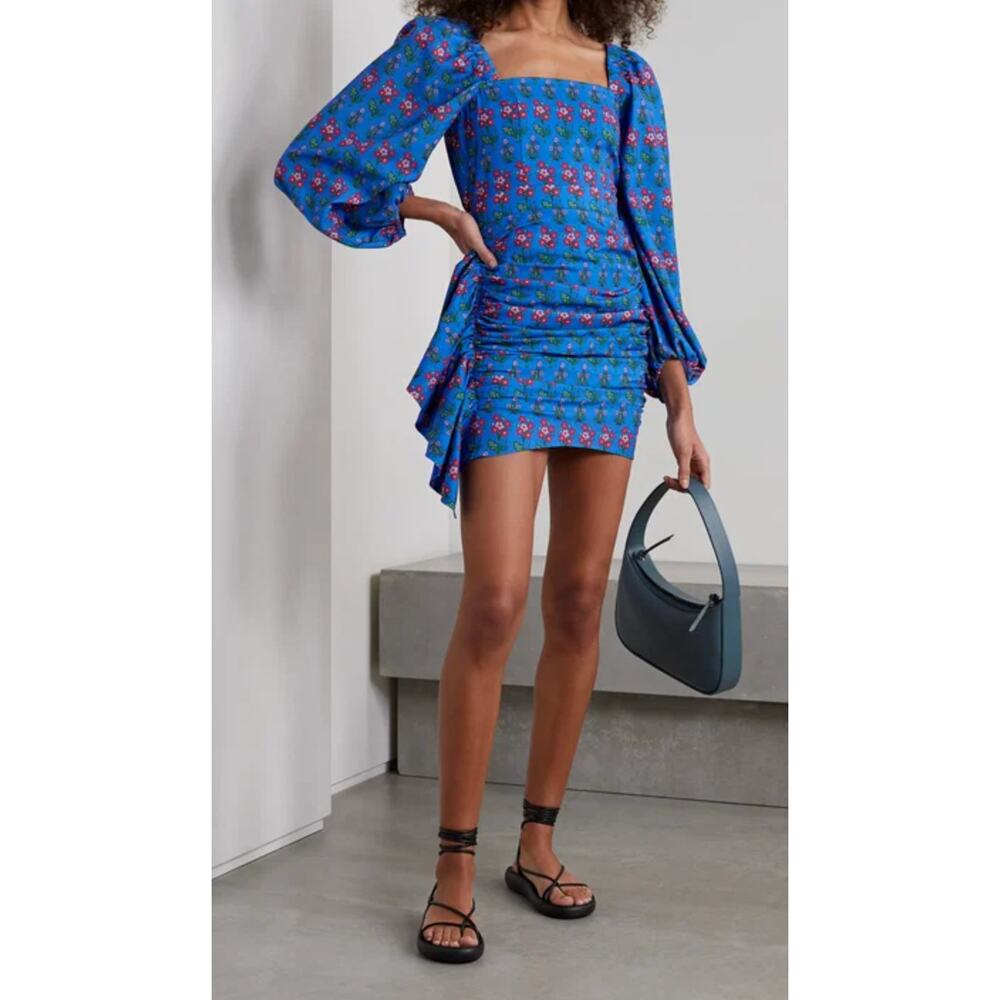 RHODE Tuckernuck Mina Draped Ruched Floral-Print Recycled Crepe Mini Dress S - Picture 3 of 13